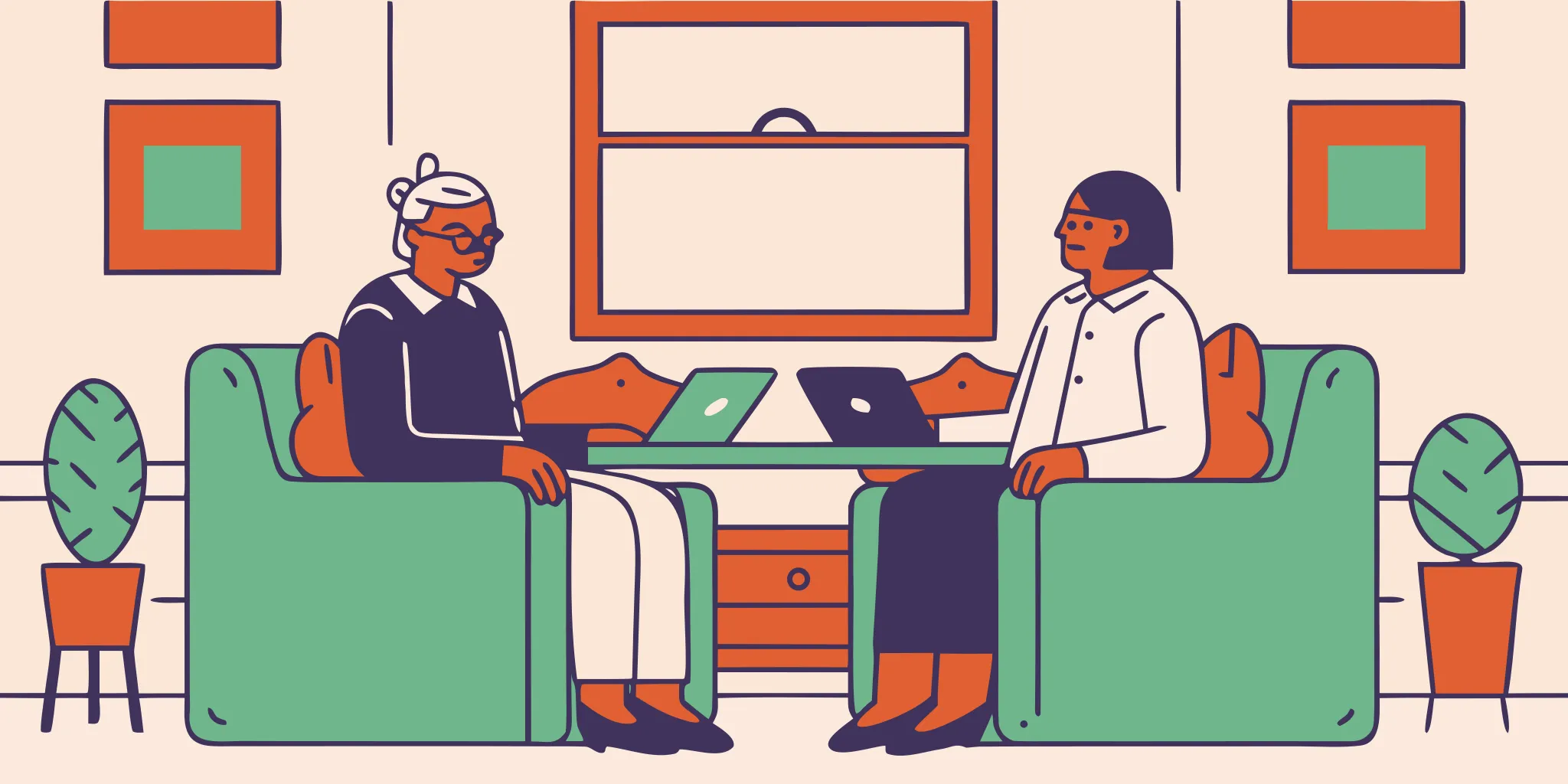 Dental practice owner meeting with an advisor in a professional office, discussing post-sale transition plans