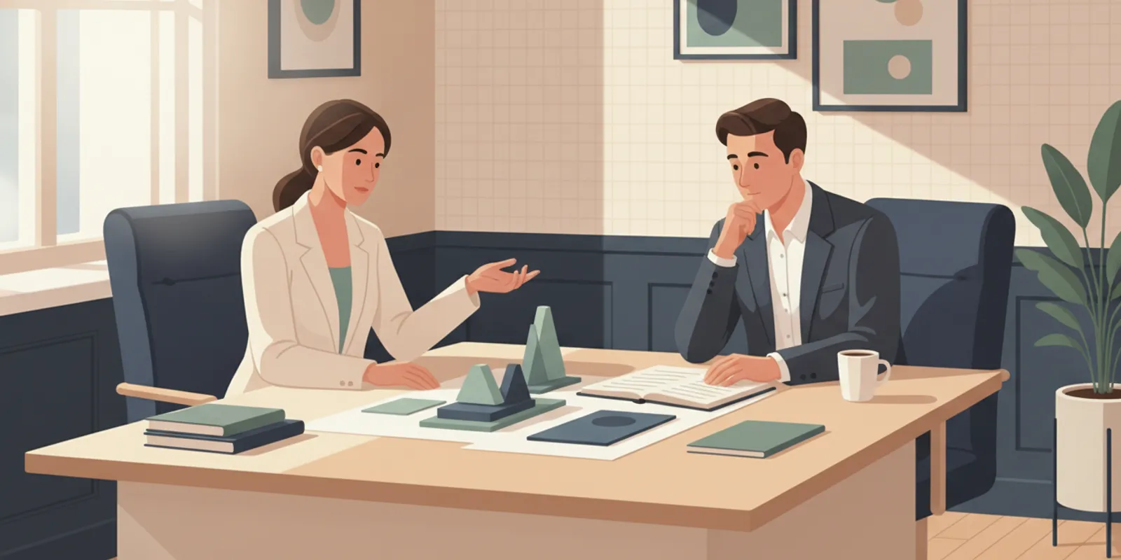 Dental practice owner reviewing financial records with an advisor at a desk