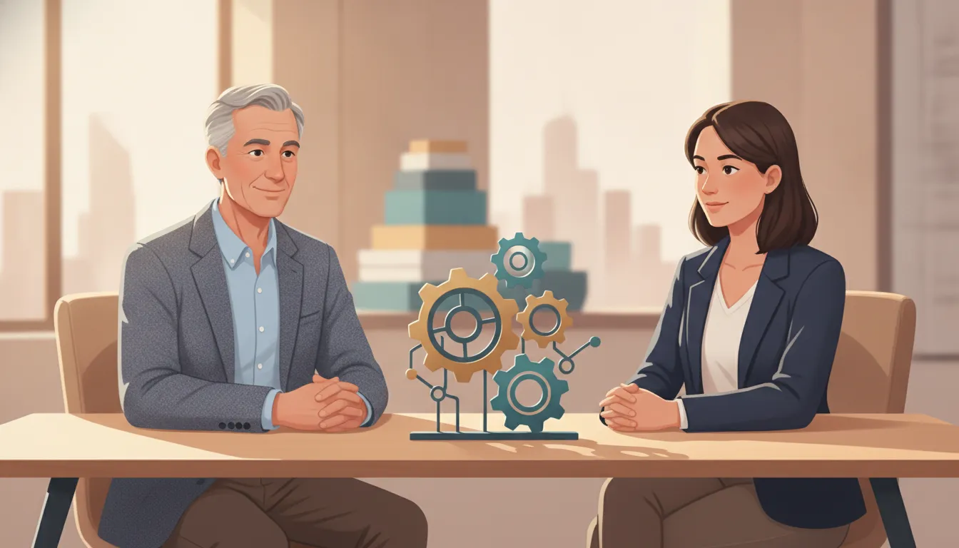 A dental practice owner meeting one-on-one with an independent advisory consultant across a bright office desk, reviewing transition plans in a low-pressure conversation.