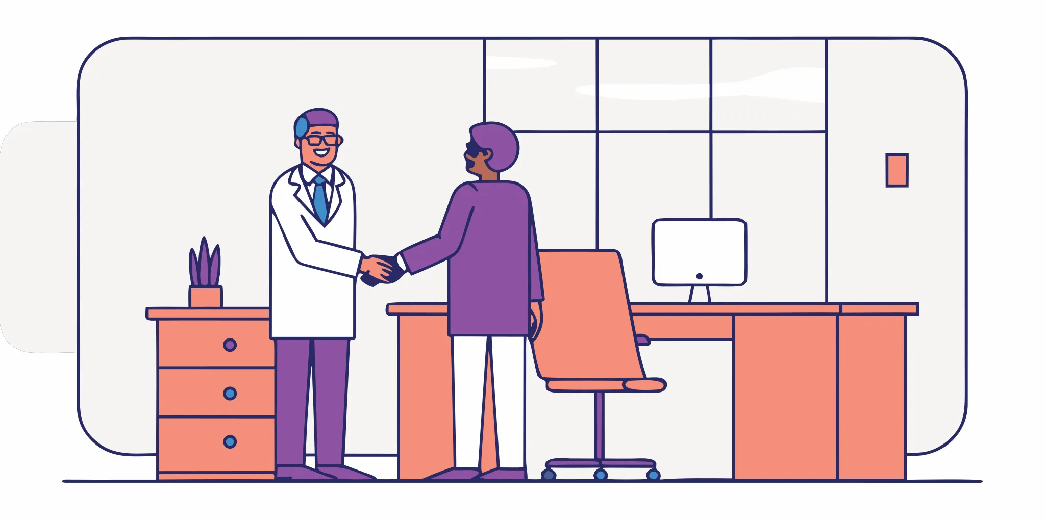 Editorial illustration of a dental practice owner discussing sale preparation with an advisor