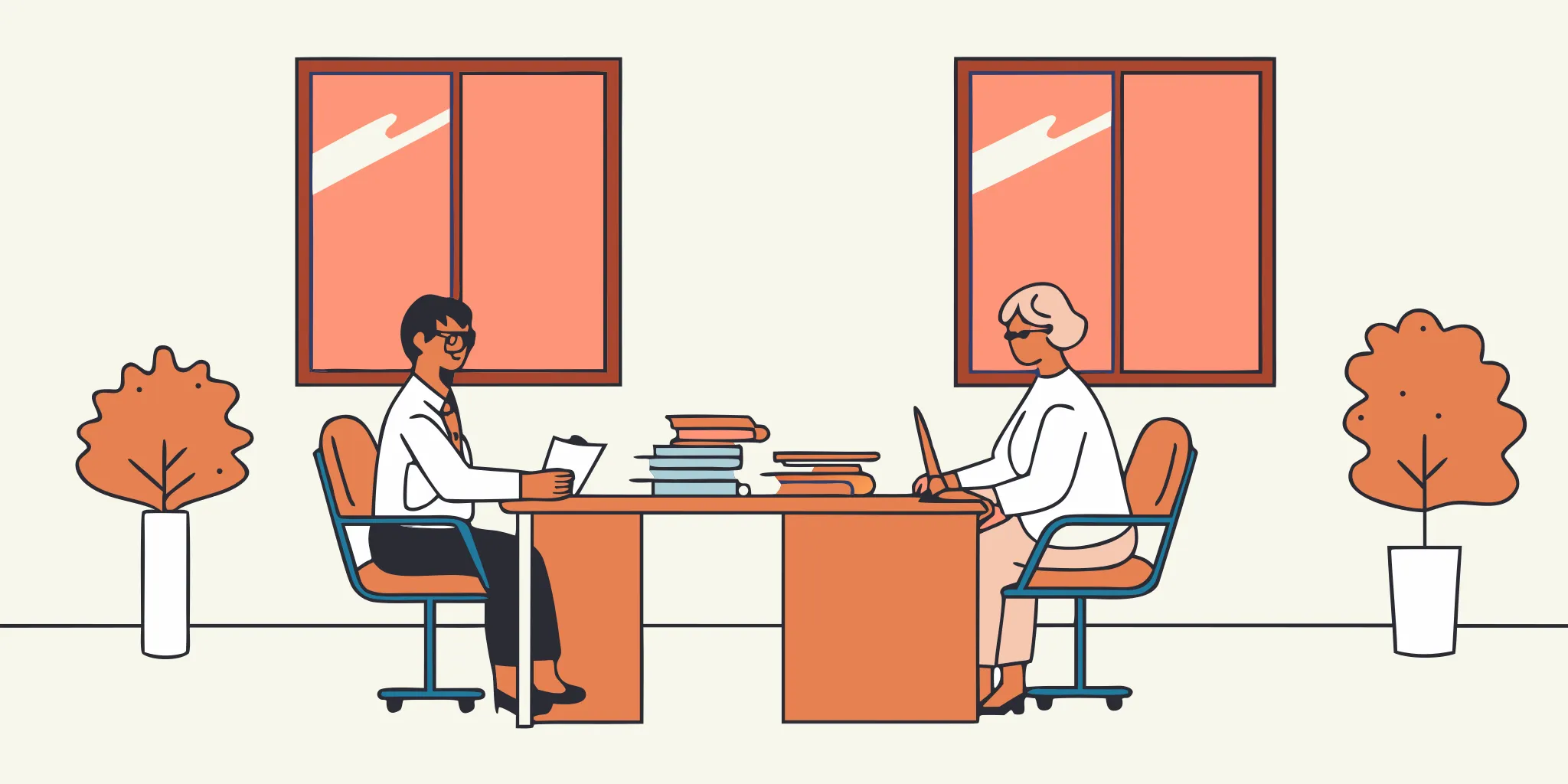 A dental practice owner meeting one-on-one with an advisory consultant across a clean office desk, reviewing papers together in a low-pressure conversation.