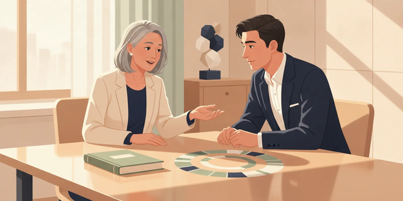 Editorial illustration of a practice owner and successor reviewing an ownership transition plan at a table