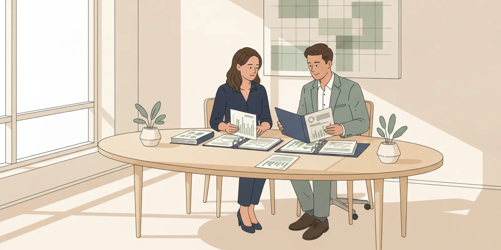 Dental practice owner reviewing sale preparation documents with an advisor at a desk