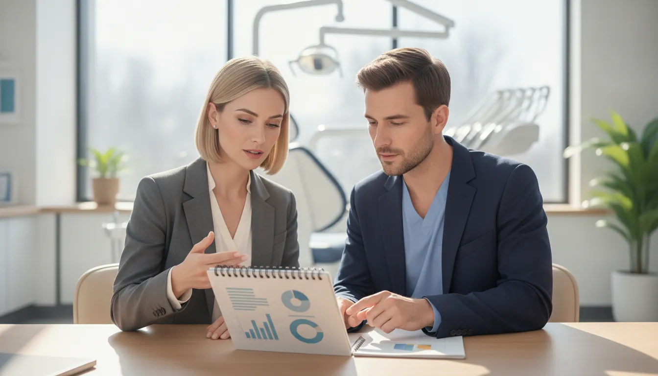 Sell-side advisor speaking with a dental practice owner across a desk in a bright modern dental office