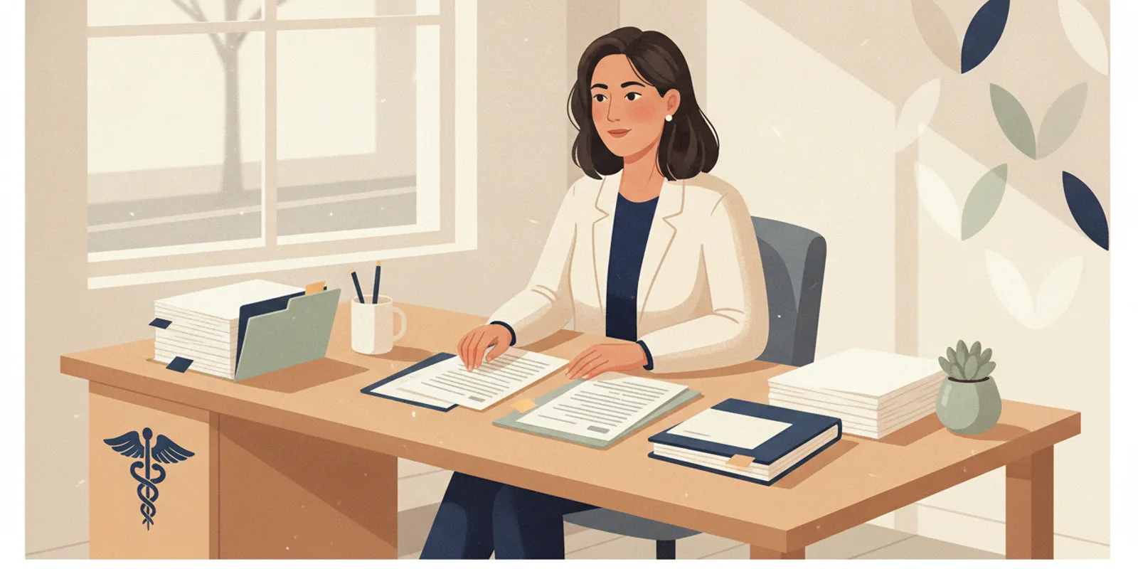 Medical practice owner reviewing organized financial and operational records at a desk