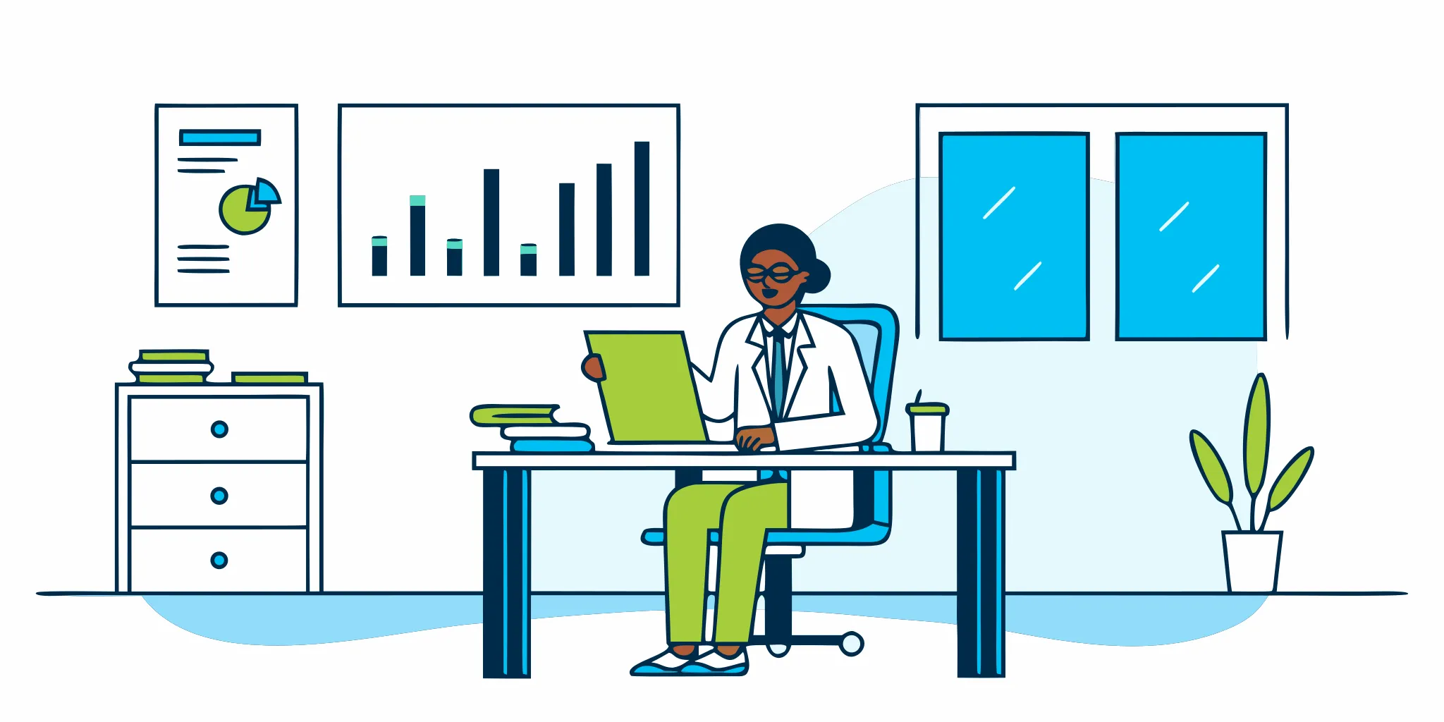 Pain management physician and advisor reviewing practice valuation documents in a professional office setting with clean vector illustration style