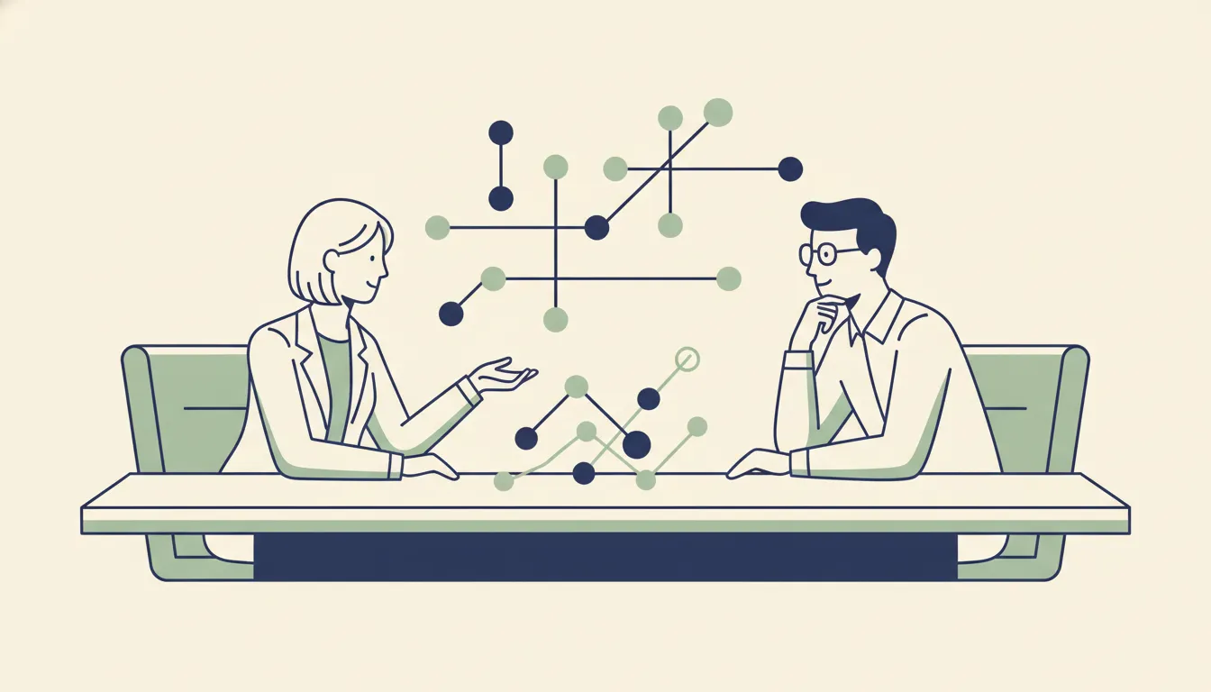 Illustration of a dental practice owner reviewing practice performance with an independent advisor