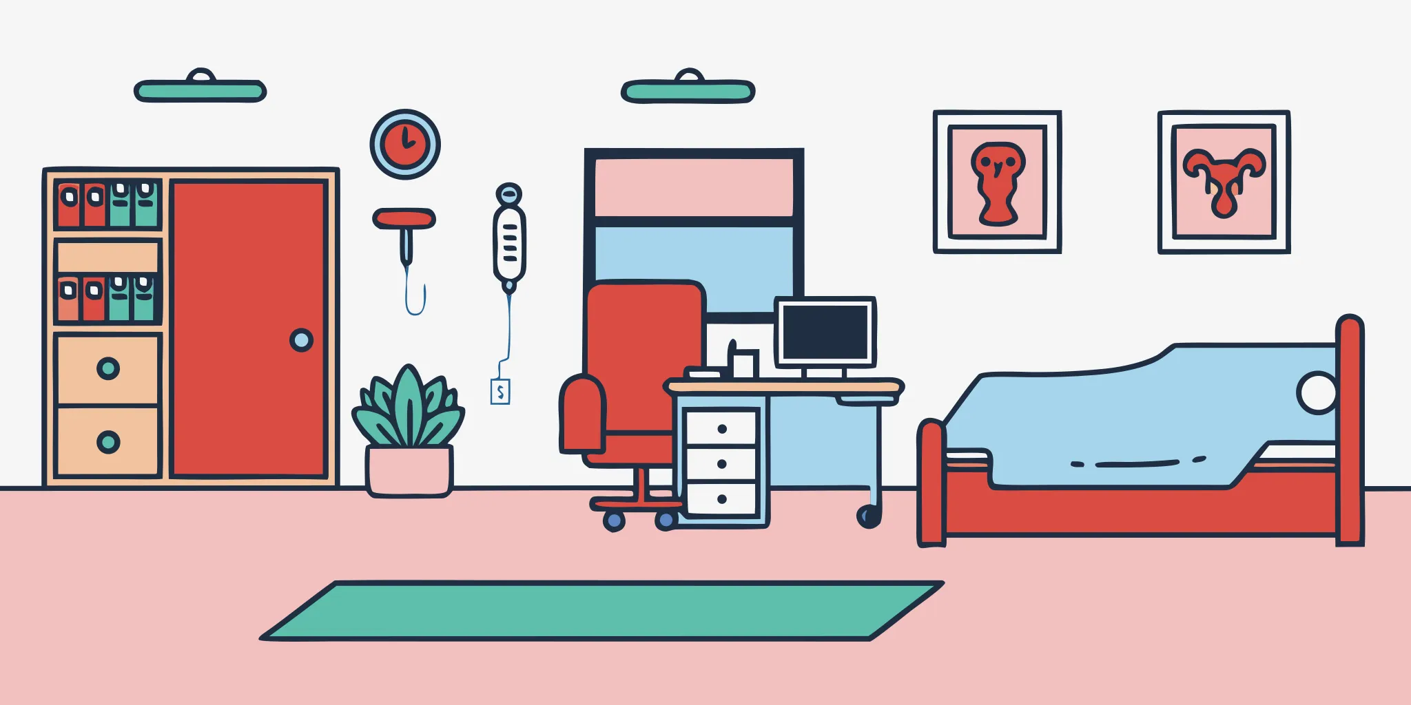 Editorial illustration of a urology medical practice with modern equipment and professional healthcare setting