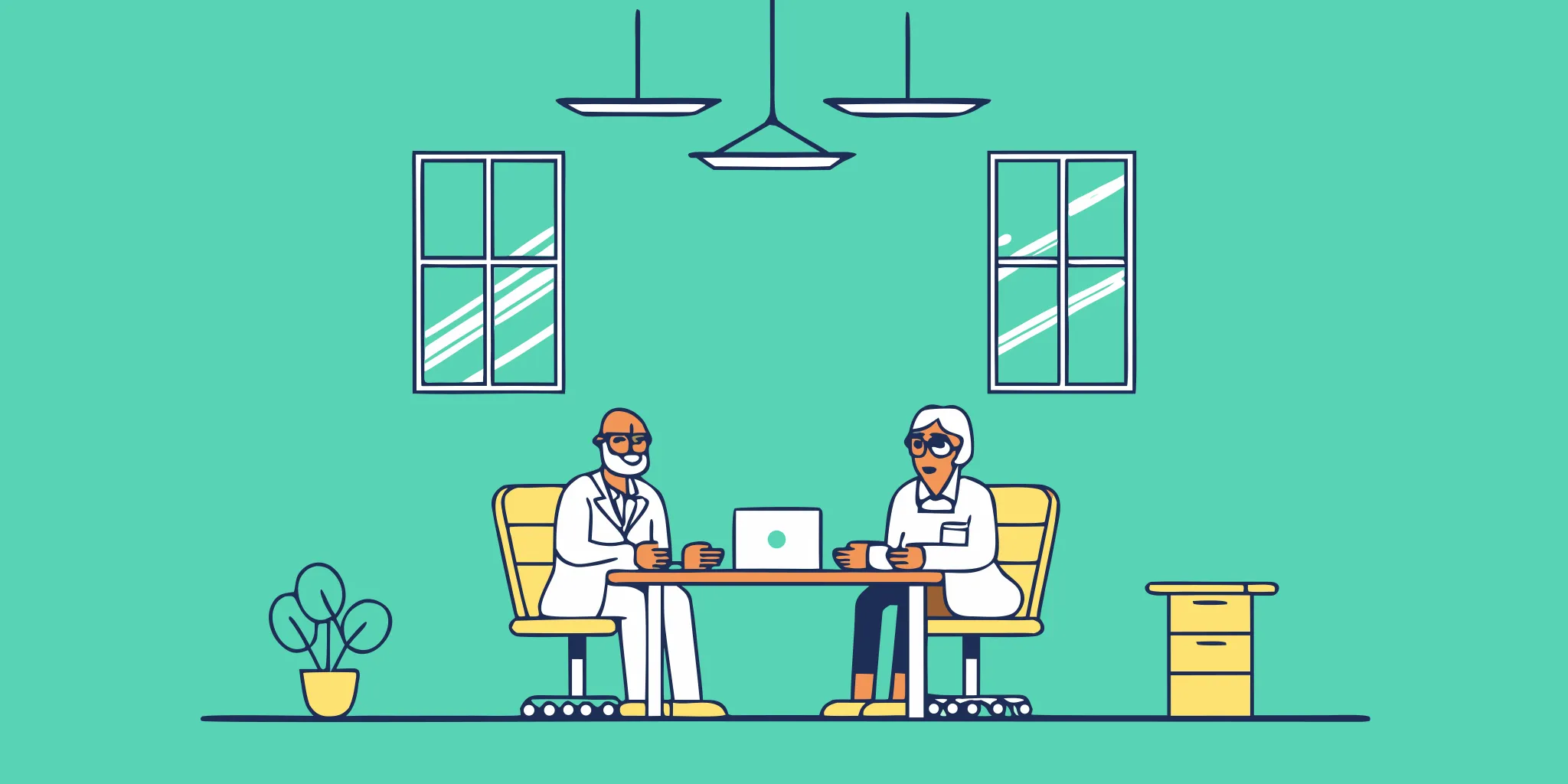 Two dental practice owners in a consulting discussion with an advisor reviewing transition paperwork