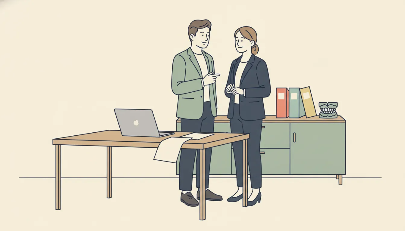 Dental practice owner and independent advisor discussing sale preparation in a dental office
