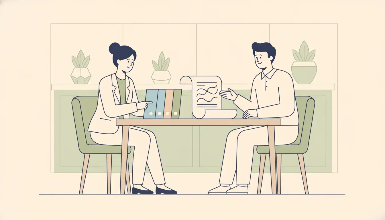 Medical practice owner and advisor organizing transition materials before a business sale