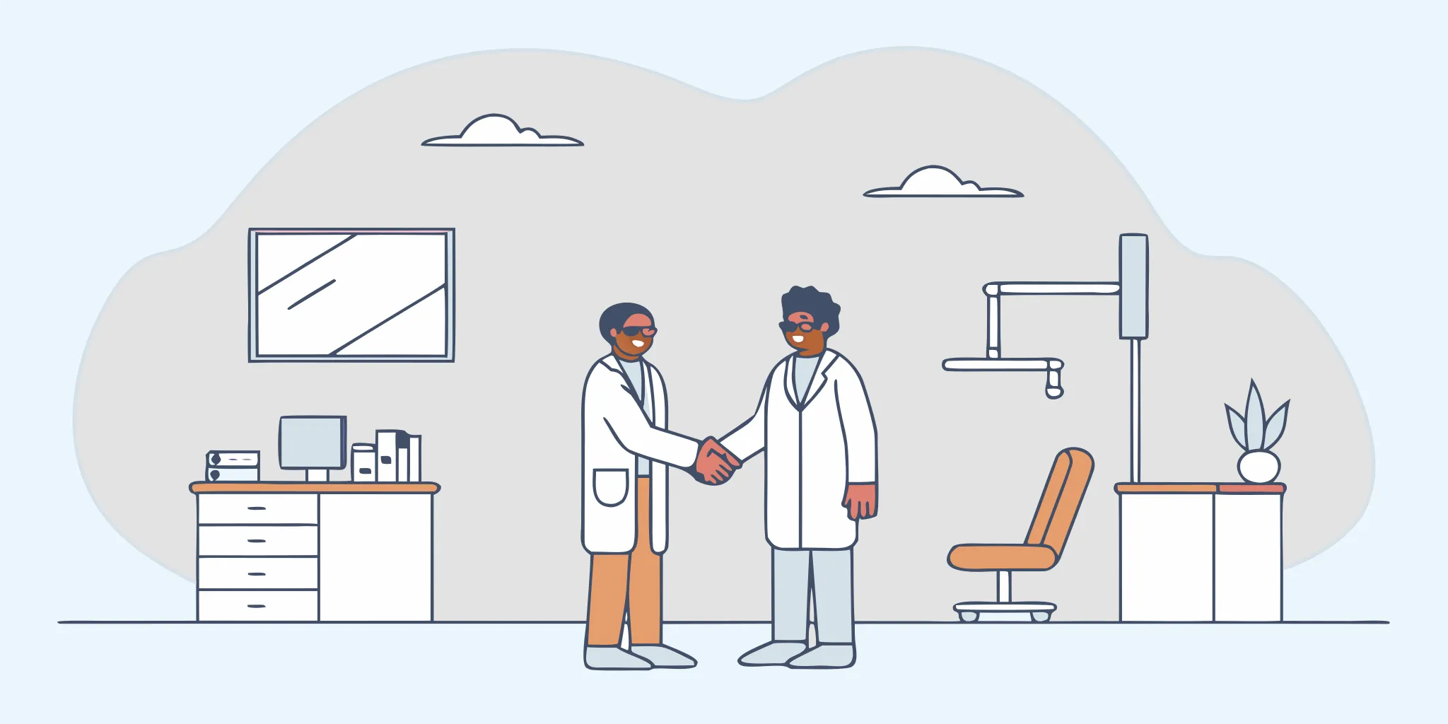 Two dental professionals shaking hands in a modern dental office after a successful practice sale agreement