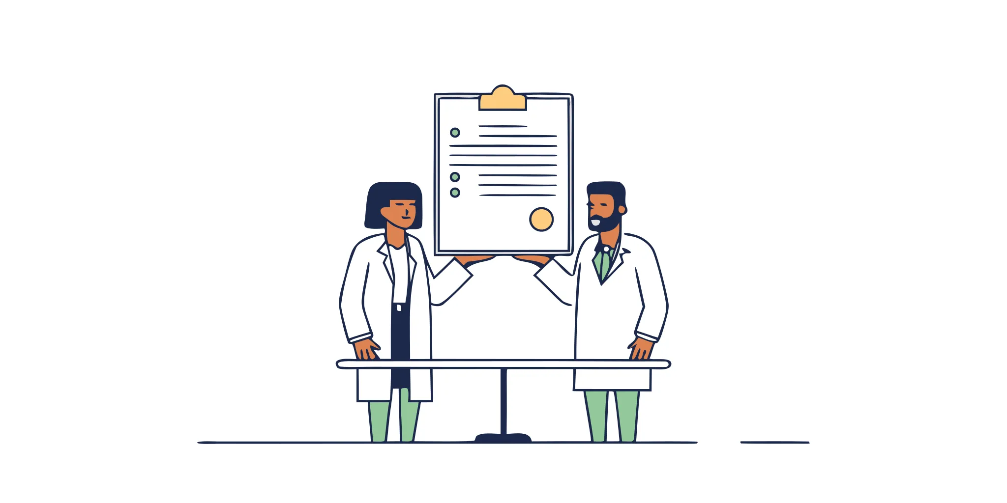 Two professionals reviewing a Letter of Intent document in a healthcare M&A setting